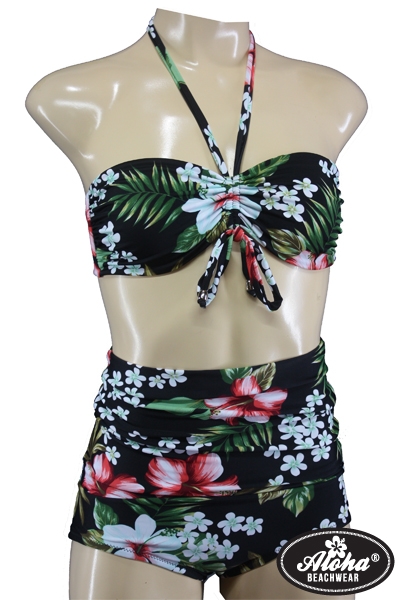 Vintage High Waist Bandeau Bikini Hibiskus Blüten