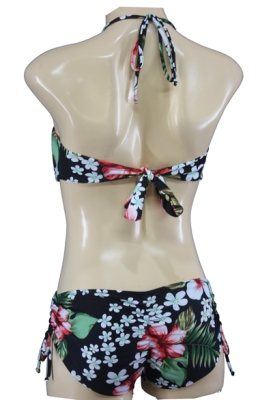 Flowered Vintage Look Rockabilly Bandeau Bikini with Hibiscus Blossom