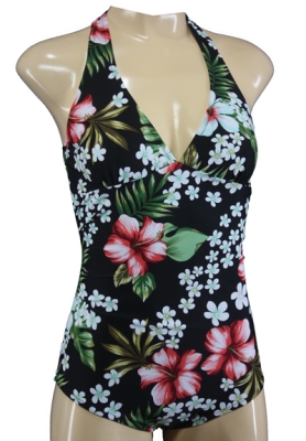 Pin Up Neckholder Vintage Style Badeanzug mit Hibiskusblüten