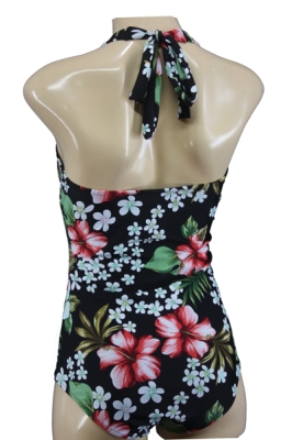 Halter Neck Vintage Style Burlesque Swimsuit with Hibiscus Blossoms