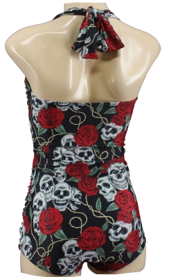 Damen Neckholder Badeanzug mit Skulls Roses Totenköpfe