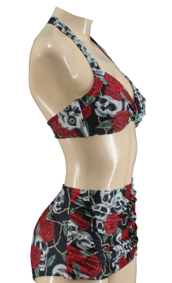 Damen Retro Vintage Bikini Set Skull Rose Totenkopf 50er