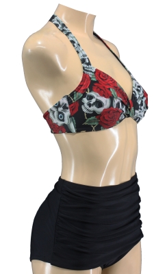 Women retro halter neck bikini high waisted skull rose tattoo