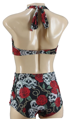 Women vintage bikini set with rockabilly skulls and roses