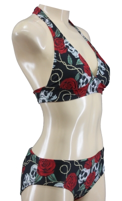 Ladies swimwear triangle Bikini Set with skull and rose pattern