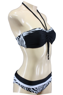 Halter Neck Zebra Pattern Bikini with Pearl Decoration