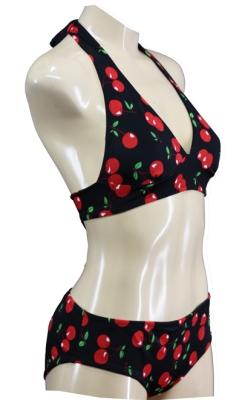 Retro-Style Rockabilly Halter Neck Triangle Bikini with Cherry Print