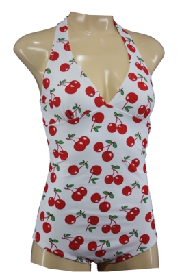 Halter Neck Vintage Style Burlesque Swimsuit with Cherries