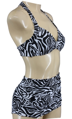 Zebra Look Vintage Style High Waisted Halter Neck Bikini